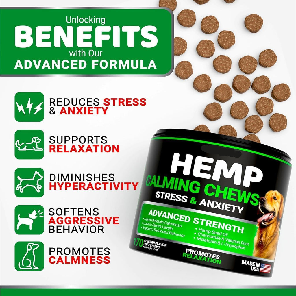 YUMA'S (2 Pack) Hemp Calming Chews for Dogs   Advanced Dog Calming Treats   Dog Calming Chews   340 Chews   Anxiety Relief Treats   Separation Aid Barking Stress Relief   Melatonin   Hemp Oil